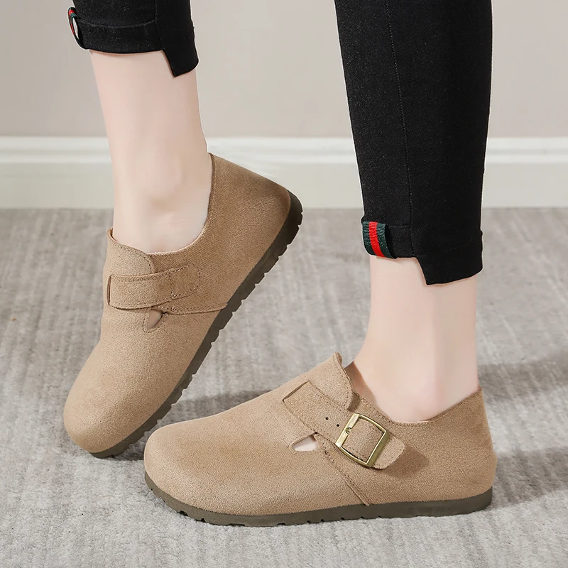 

Женские замшевые мюли без каблука, повседневные лоферы с закрытым носком и ремешком на пряжке, ретро-минималистичные туфли без застежек для весенне-осеннего повседневного ношения