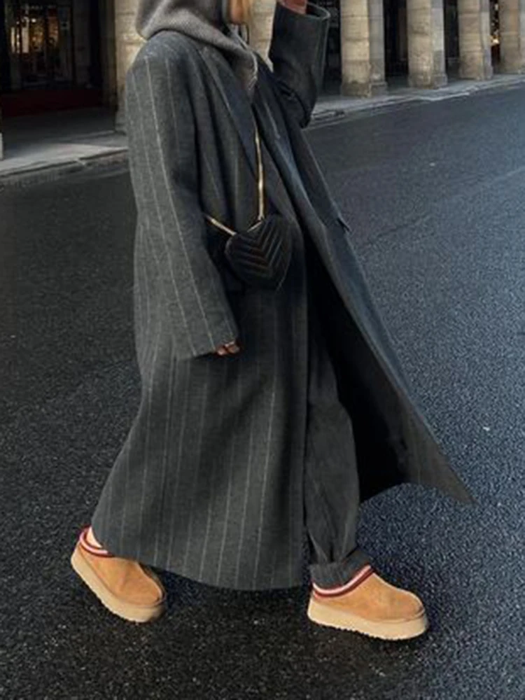 TWOTWINSTYLE Striped Casual Loose Woolen Coat For Women Notched Collar Long Sleeve Patchwork Pockets Long Coat Female Fashion