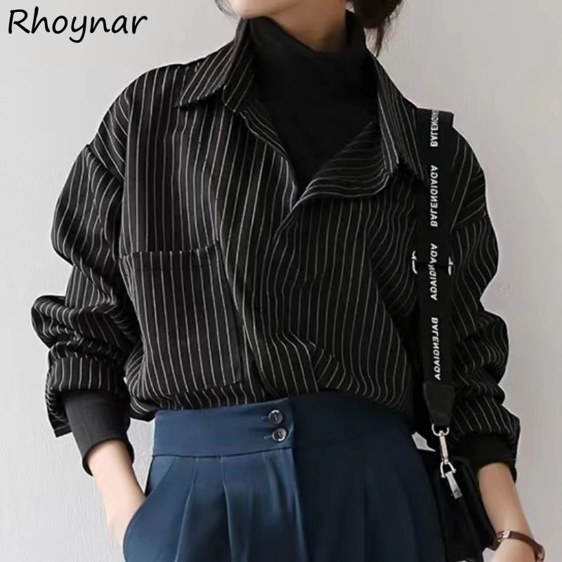 Fake 2 Pcs Shirts Women Striped Casual Tops Vintage Pockets Unisex Korean Style Autumn Soft Camisas De Mujer All-match Personal