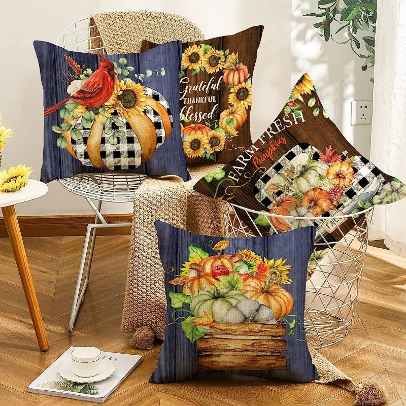 4PCS Autumn Pumpkin Pillow Case for Sofa Thanksgiving Harvest Holiday Pillow Covers Polyester Cushion Cover 45x45cm Home Decor