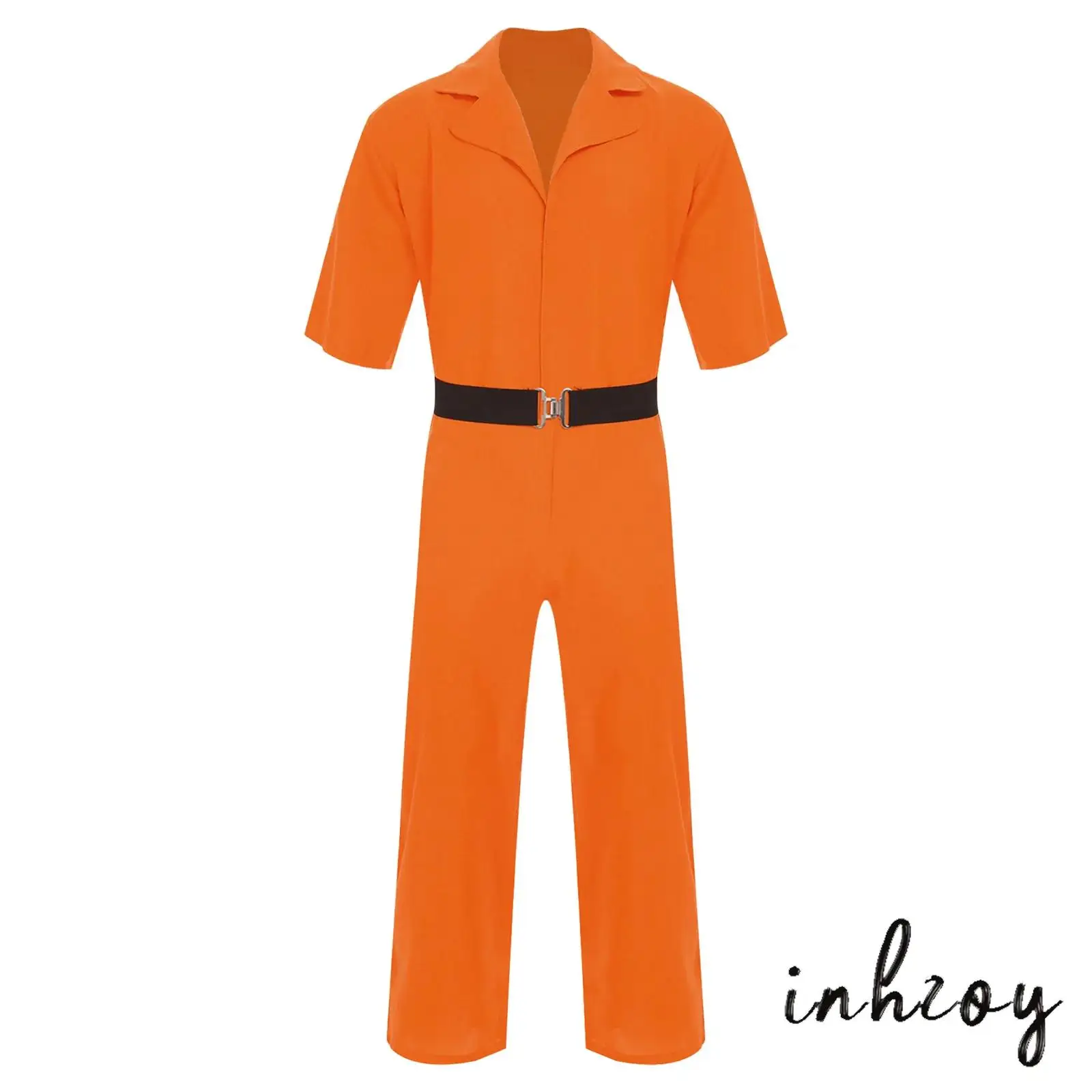 

Mens Women Halloween Prisoner Cosplay Jumpsuit with Waist Belt Lapel Short Sleeve One-piece Rompers Inmate Jail Bodysuit Costume