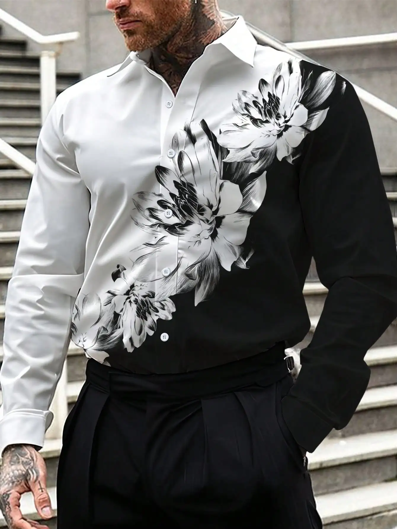 

Men's Black and White Floral Print Long Sleeve Business Casual Shirt