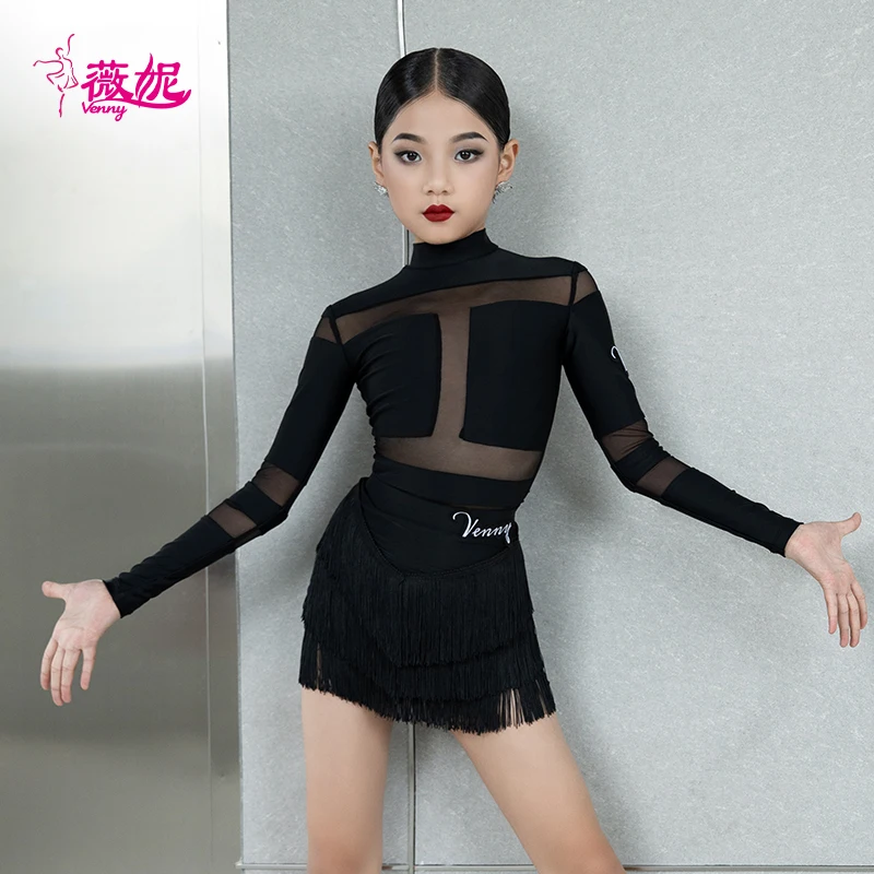 venny Latin dance dress girls and children, tassel half skirt training dress, autumn and winter long sleeve separate style