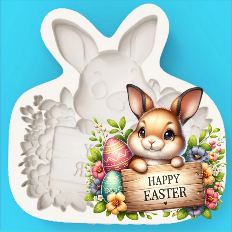 Easter Eggs Surrounded by Flowers, Hand-Held Blessing Sign, Rabbit-Shaped Mold, 3D Cake Chocolate Decoration, Homemade Silicone Mold