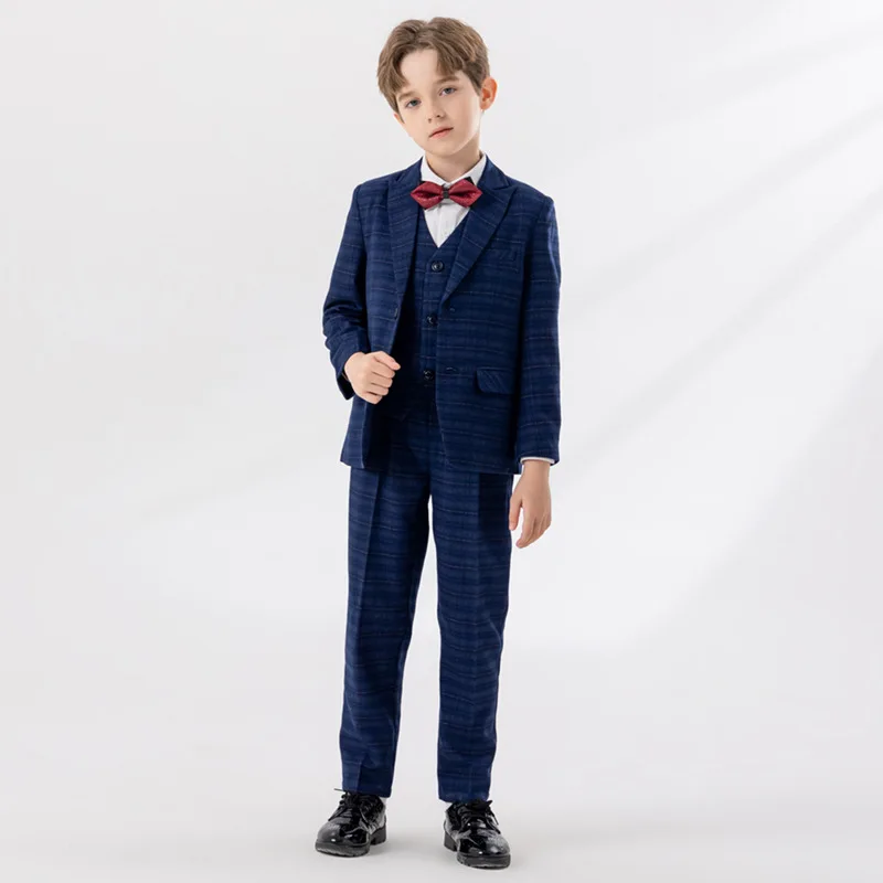 

Spring Autumn Formal Children Plaid Suits Set Boys Party Host Wedding Costume Teen Kids Blazer Vest Pants Bowtie Clothing Sets