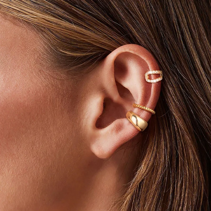3pcs Gold Color Ear Cuff Set For Women No Piercing CZ Zircon Clip On Earrings Multi Style Stackable Cartilage Ear Clips Jewelry