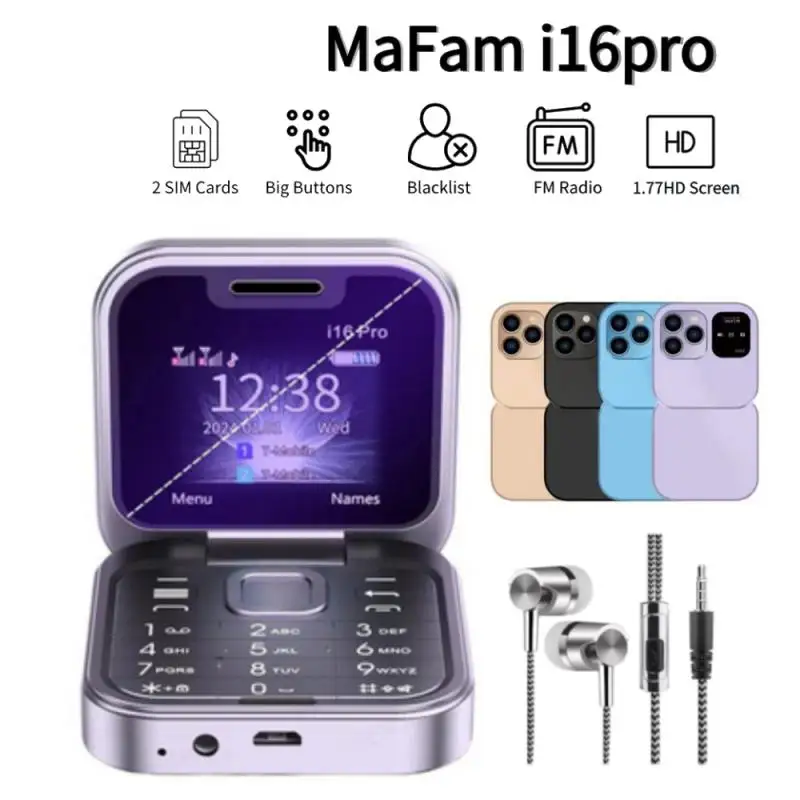 

Мини-флип I16 Pro, флип-радио, FM-радио, волшебный голос, черный список, скоростной циферблат, вибрация, 2sim-карты, маленький дисплей, складной телефон