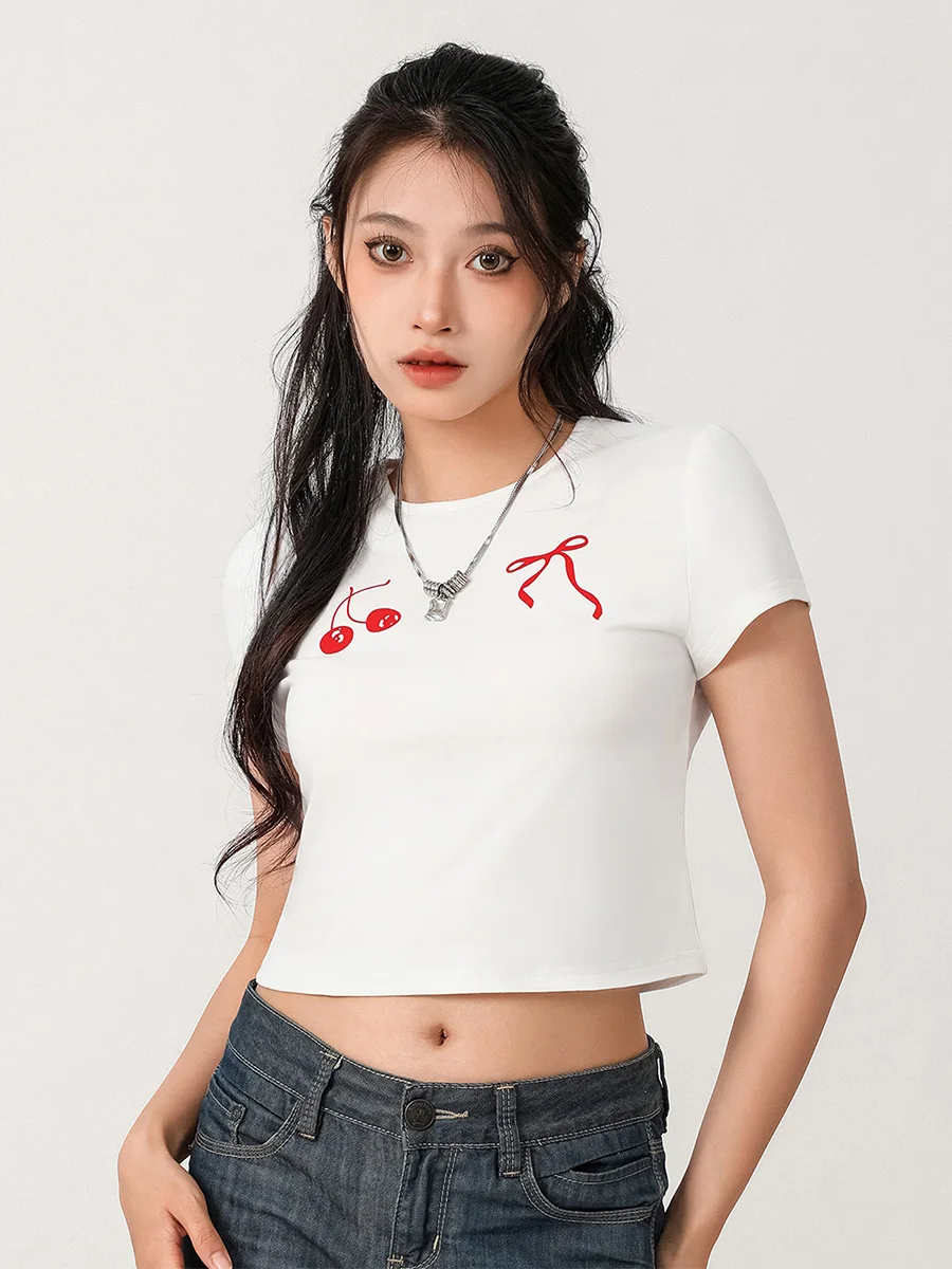 Women Bow Print T Shirt Cute Bunny Graphic Baby Tees Short Sleeve Crop Top E Girls Y2K Aesthetic Pullovers Clothes