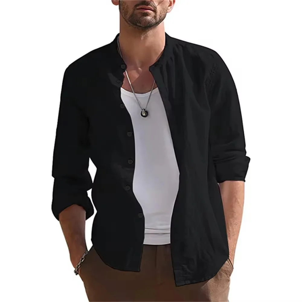 Men\'s Cotton and Linen Long Sleeved Cozy Shirt Casual Solid Color Blouse Loose Tops Lightweight Tees Slim Fit Mens Shirts