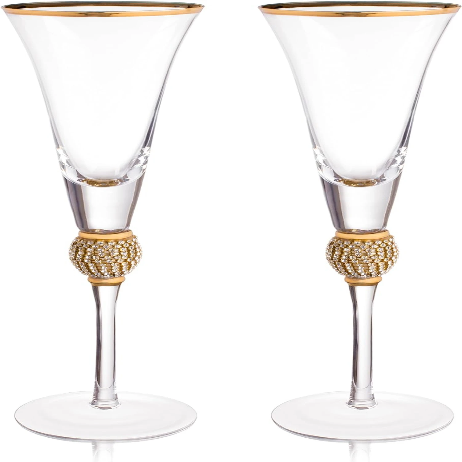 

Elegant Gold Rimmed Wedding Champagne Flutes - Exquisitely Rhinestone Adorned 7oz Toasting Glasses - 11-inch Tall Long Stem Glas