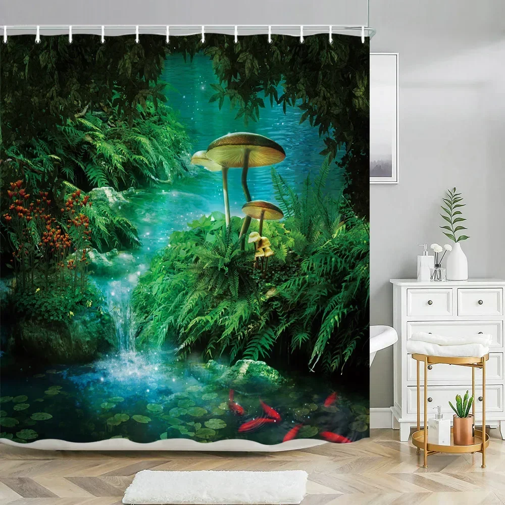 Fantasie Pilz Duschvorhänge Fee Wald Baum Gothic Panel Dschungel Grün Zen Fluss Badezimmer Dekor Duschvorhang mit Haken