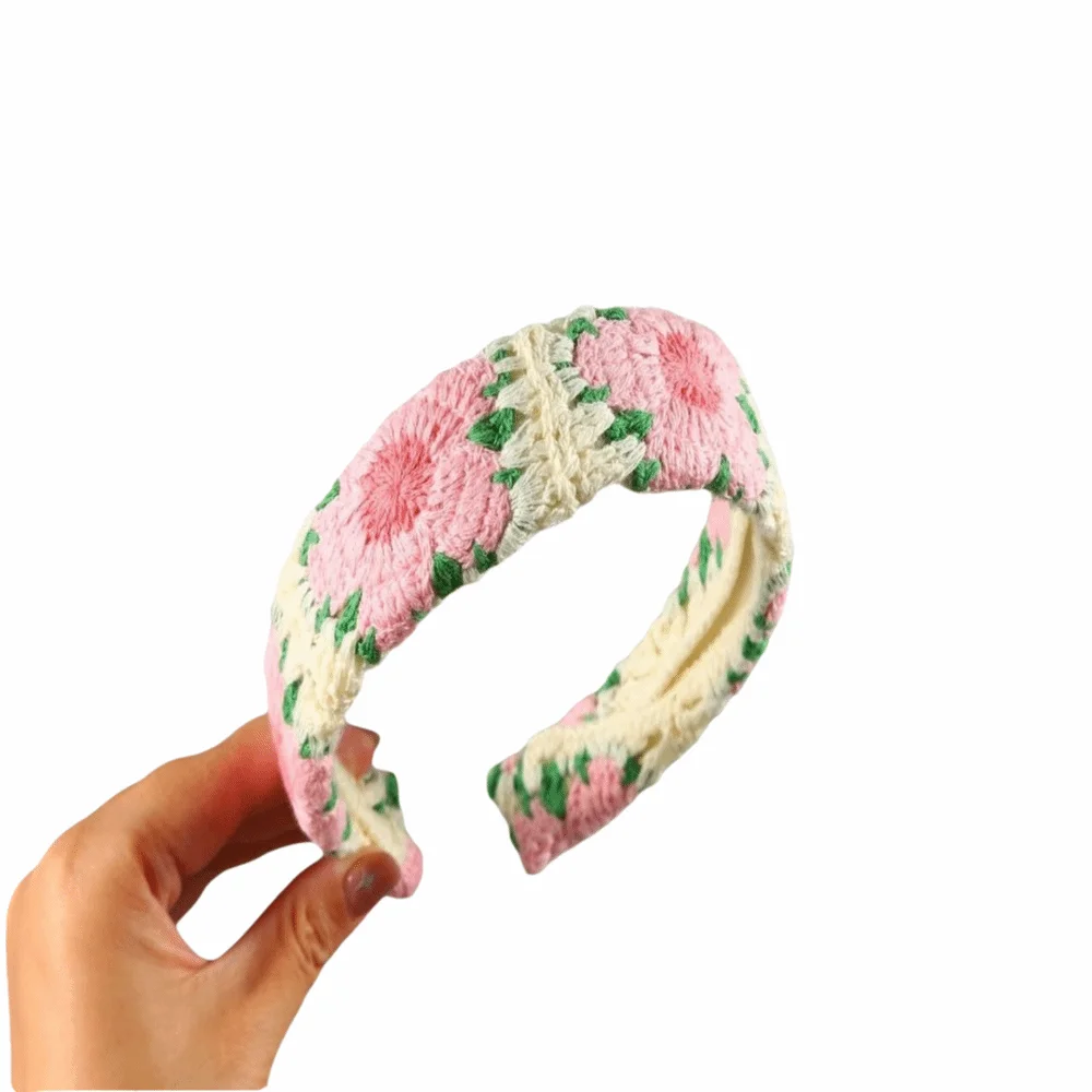 

Bohemian Soft Knitted Headband Embroidery Flower Handmade Female Ethnic Hairband Hair Accessories for Women Girls