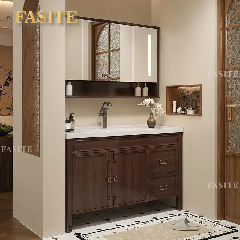 For Oak Modern Smart Bathroom Cabinet Ceramic Integrated Basin Vanity Unit Wash Table Sink Combo New Chinese Style Waterproof