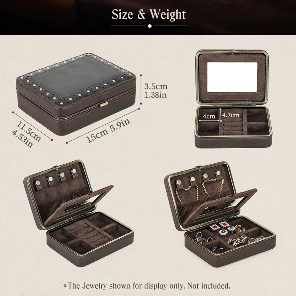 Vintage Crazy Horse Leather Jewelry Organizer Box Genuine Leather Rivet with Makeup Mirror Metal Hinge Gift for Necklace Ring