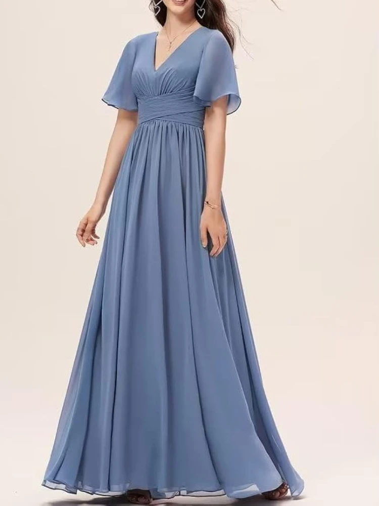 

Simple Classic Long V Neck Short Ruffle Sleeve Bridesmaid Dresses Popular Front Pleated Slim Waist Design Gown Side Split Robe