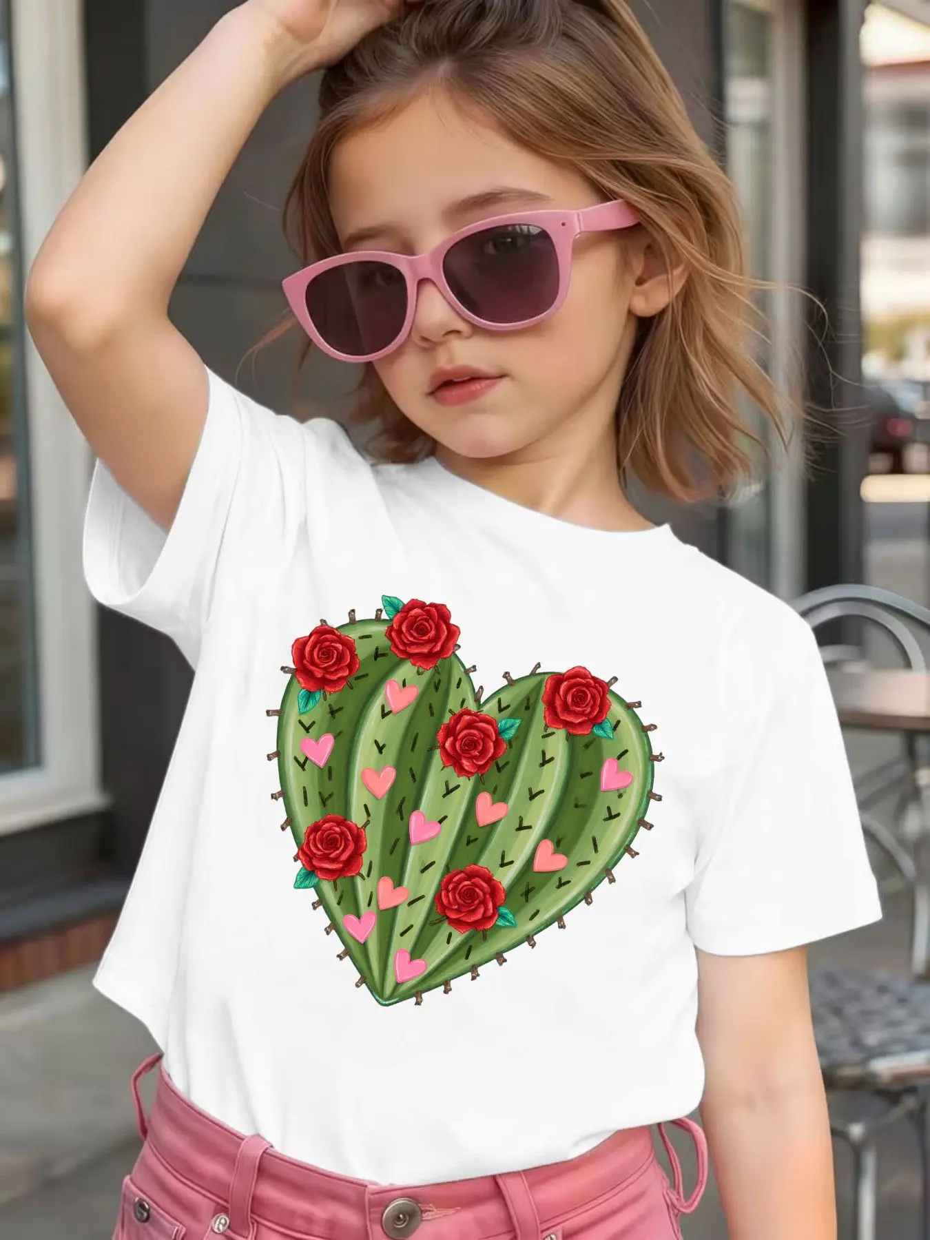 Cute Heart Cactus Red Rose Love Heart Graphic Kids Tee Boys Girls Family Matching Cotton Crew Neck Short Sleeve Soft Summer Tee