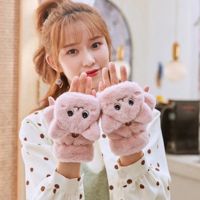 Women Winter Plush Cat Mittens Fingerless Gloves Plush Warm Glove Winter Soft Thick Gloves for Women Girl Flexible Half Finger