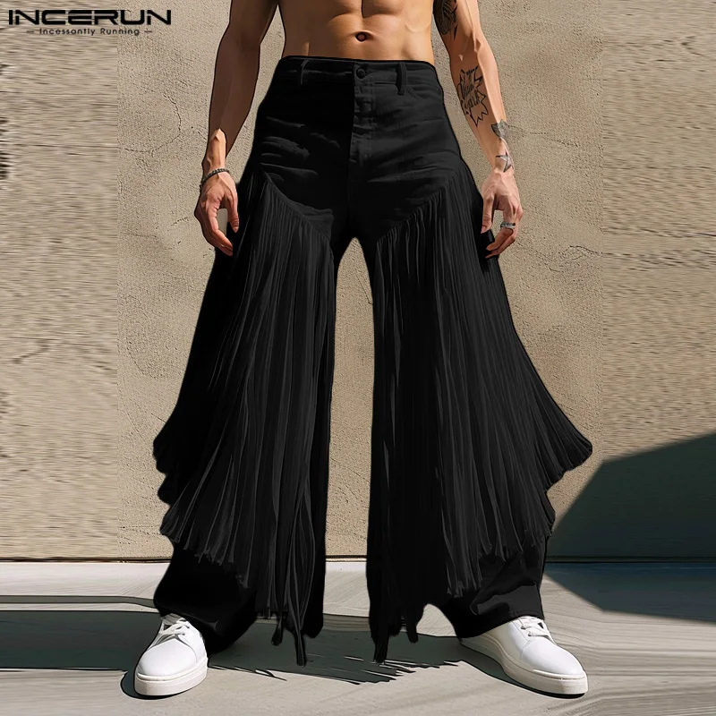 2024 Men Pants Tassel Patchwork Button Joggers Loose Personality Casual Trousers Men Streetwear Fashion Long Pants S-5XL INCERUN