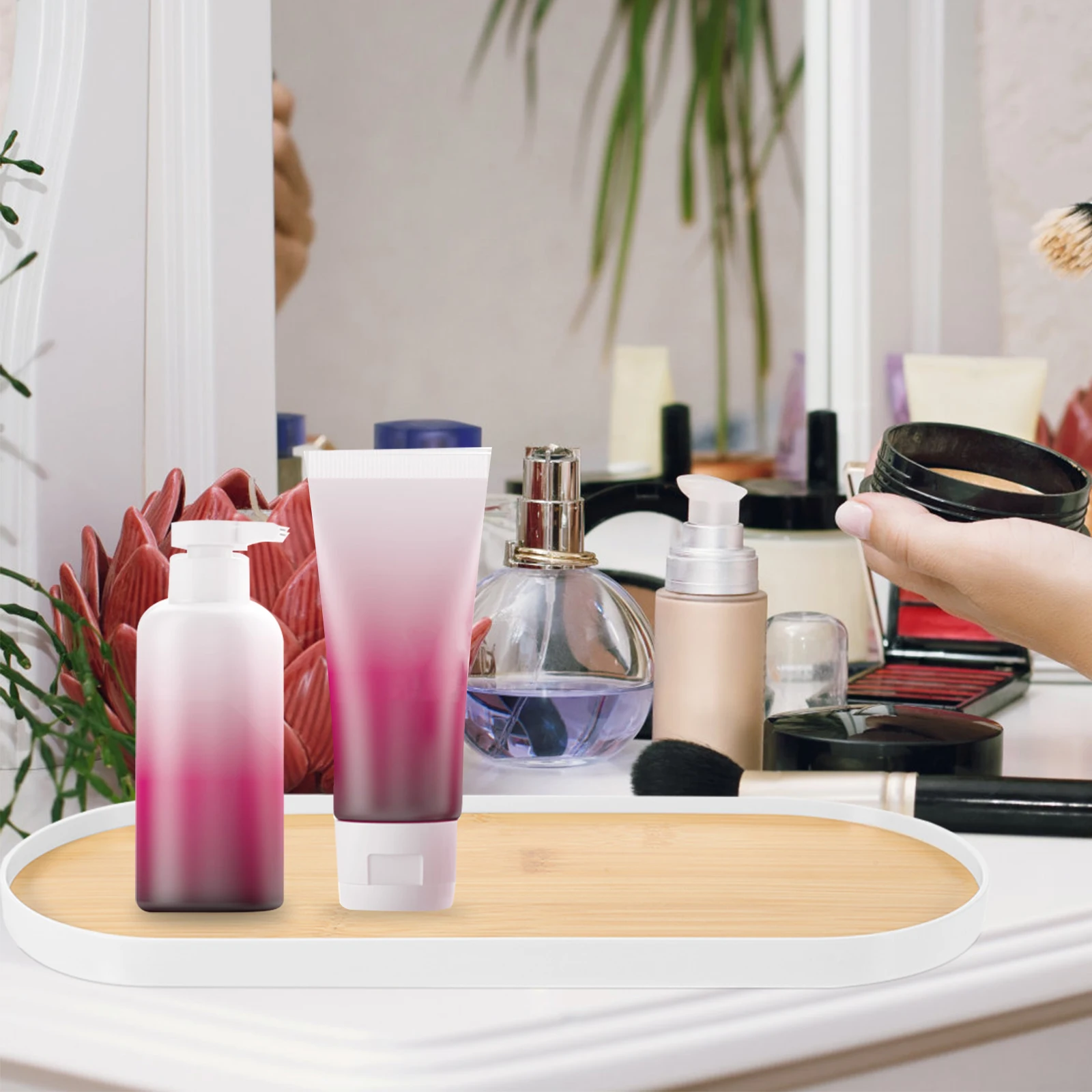 

Oval Makeup Perfume Tray Bathroom Vanity Bamboo Countertop Organizer Trinkets Cosmetics Keys Desktop Storage Tray Home