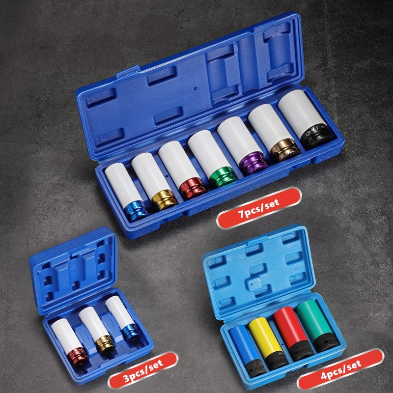 

1/2 Inch 15-27mm Drive Wheel Drive Lug Nut Impact Socket Set Thin Wall Deep Impact Socket Set Plastic Protector Sleeve Lug Nut