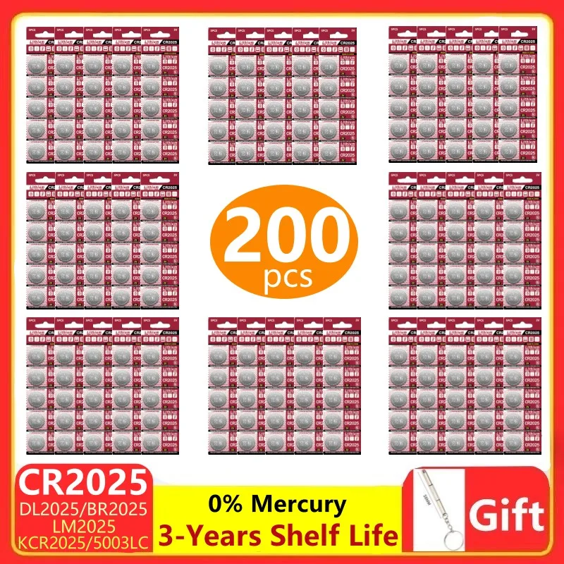 

200 PCS CR2025 Lithium Button Battery DL2025 BR2025 5003LC LM2025 3V CR 2025 Coin Cell Watch Batteries for Toys Clock Computer