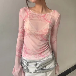 Tie Dye Mesh Tops Long Sleeve Graphic Print Sexy See Through T Shirt Women Tops Y2K Vintage Grunge