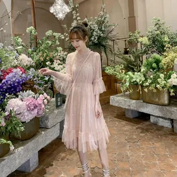 Japanese Sweet Lolita Dress Summer Elegant Mesh Patchwork  Sequins  Knee-Length Youth Girls Dresses Kawaii Summer Birthday Party