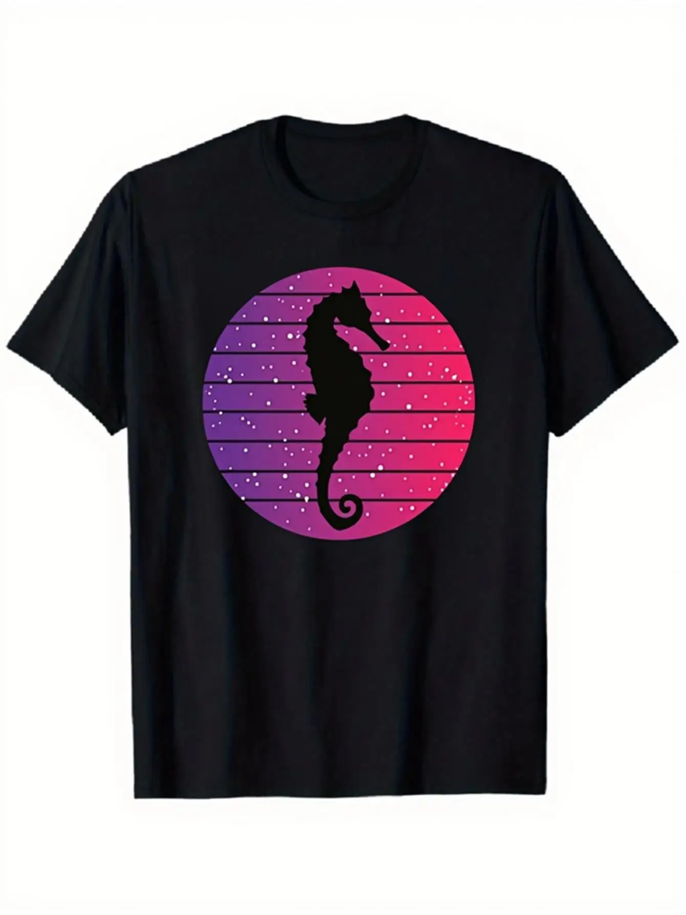 

Black Seahorse Graphic Tee with Vibrant Sunset Stripes Casual Daily Wear Short Sleeve Crew Neck Comfortable Fit All-Season