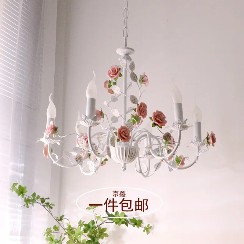

French cream candle rose chandelier simple pastoral bedroom romantic flowers warm living room lamp retro ceramic lamp