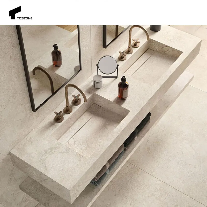 Modern Natural Super White Rectangle Travertine Vanitytop For DDP Delivery Bathroom Furniture Practical Home Decoration