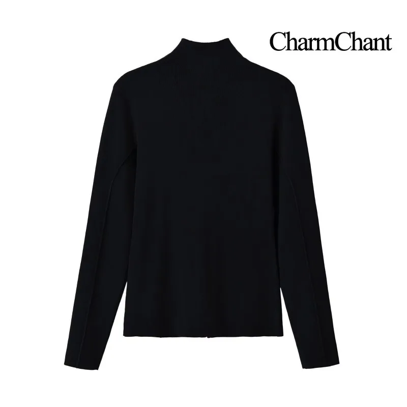CHARMCHANT Women's Full Zip Ribbed Knit Jacket Slim Fit Stand Collar Long Sleeve Fitted Sweater Jacket Zip Up Top Black 2026