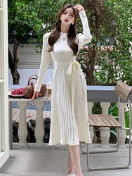 Hot Sell Solid Knitted Dresses Women New Autumn Winter O Neck Long Sleeve A Line Pleated Belt Slim Sweater Dress Vestidos