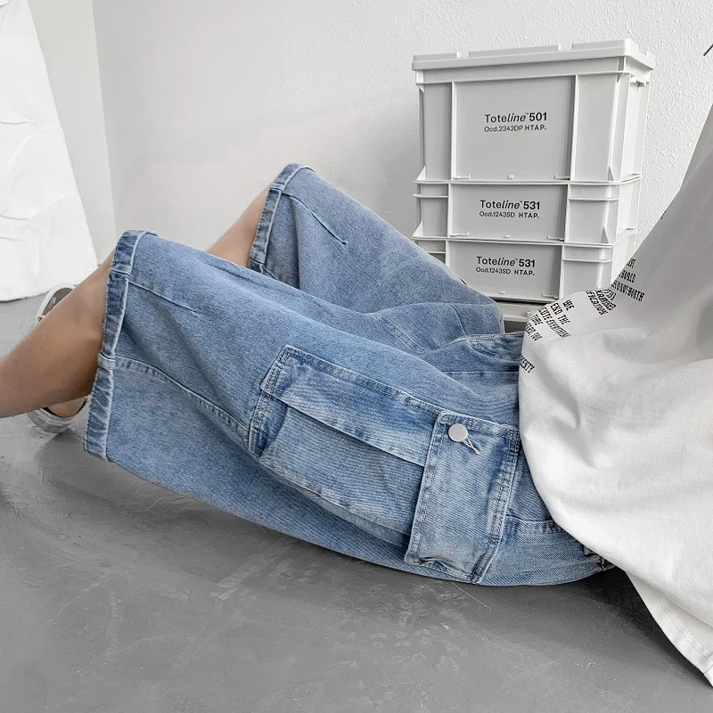 

High Street Workwear Men's Shorts Hong Kong Style Jeans Mid-Waist Loose Straight Leg Five-Quarter Length Casual Summer New Tr...