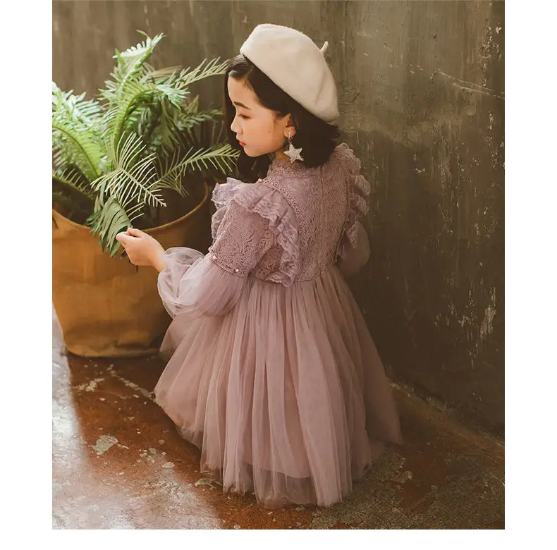 Frühling Herbst Kinder Mädchen Kleider Laterne Hülse Spitze Prinzessin Kleid Perle Süße Oansatz Mesh Party kinder Kleidung Vestidos – Detail 12