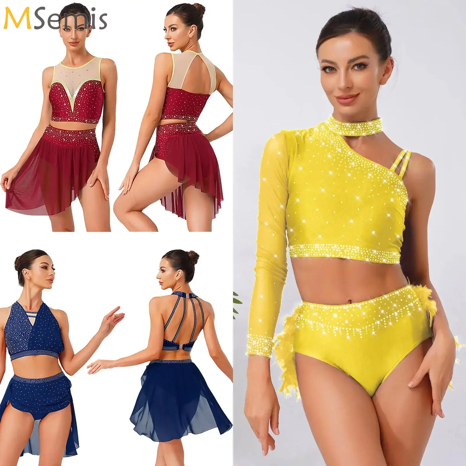 

Dance Clothes Set Womens Rhinestones Irregular Shoulder Crop Top+Feather Briefs Skirt Skating Ballet Modern Lyrical Dancewear