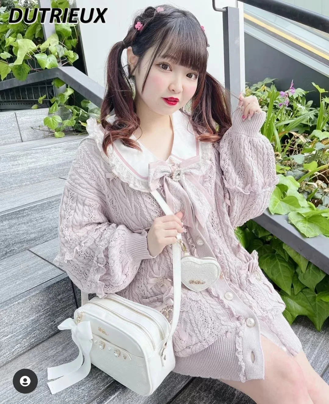 Japanese Mine Hollow Woven Pocket V-neck Long Sleeve Sweater Jacket Sweet Girls Versatile Bow Single-breasted Knitted Cardigan