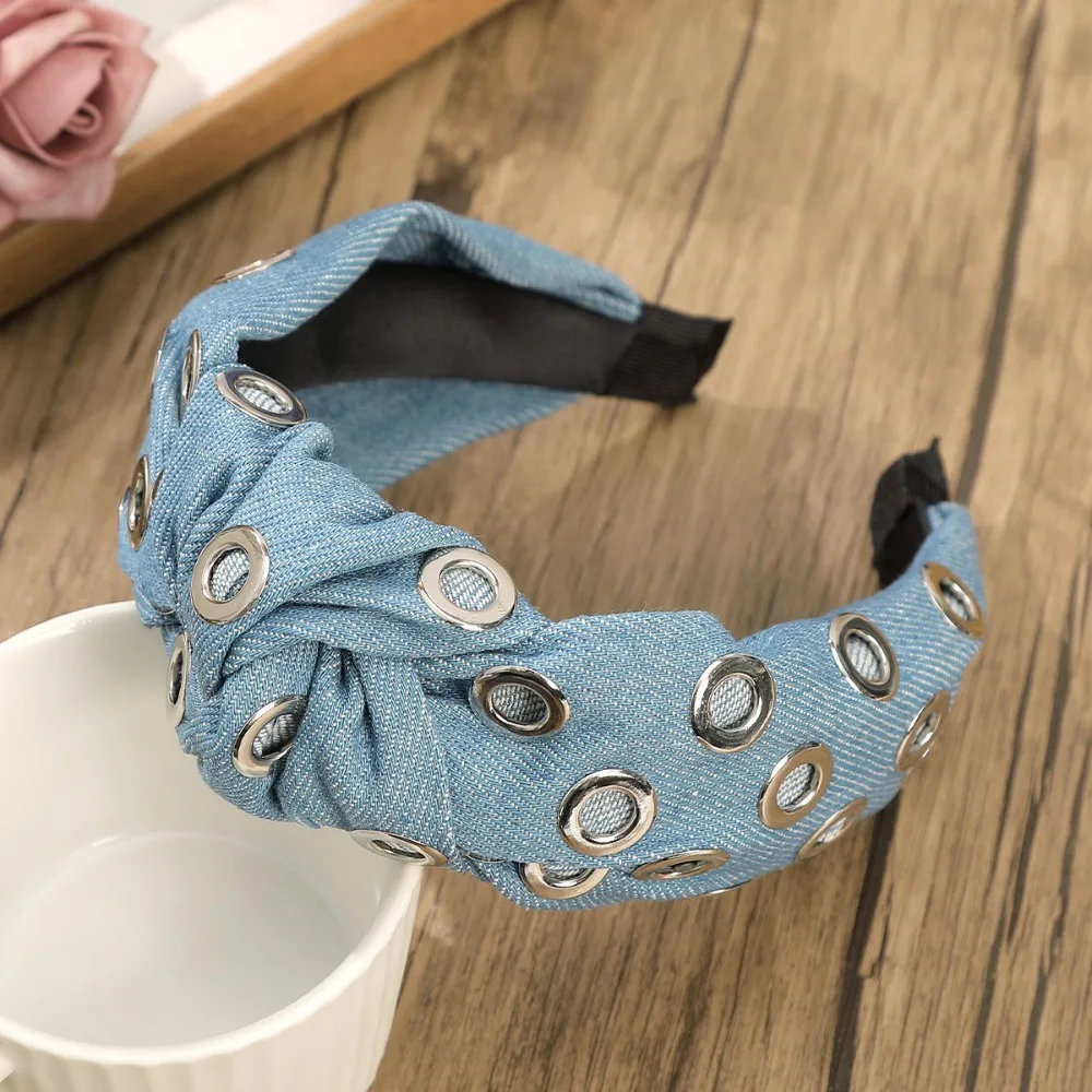 

Головной убор Y2K джинсовая повязка на голову широкая персонализированная повязка для волос в стиле панк хип-хоп металлическая повязка на голову с полыми глазами женская