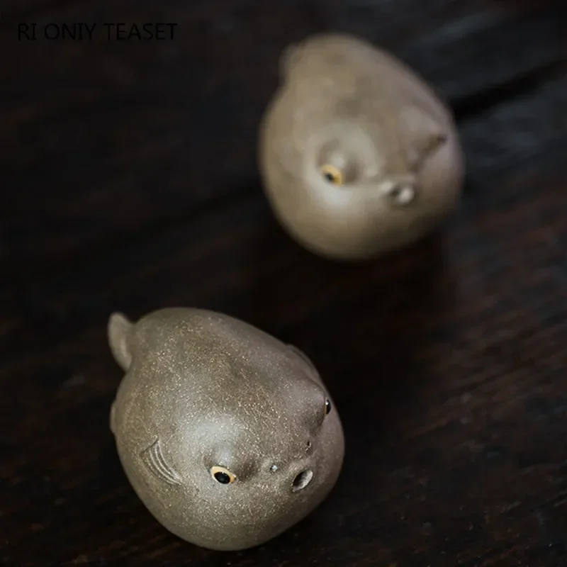 Creativity Yixing Purple Clay Tea Pet Pufferfish Statue Ornaments Handmade Tea Figurine Crafts Chinese Tea Set Decoration Gifts