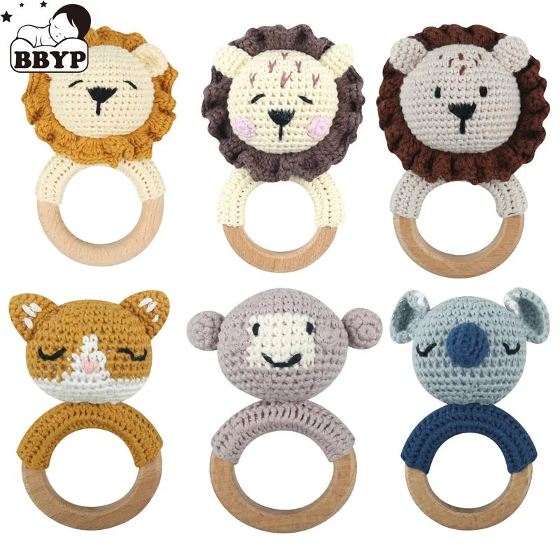 Amigurumi Cartoon Animal Baby Rattle Cute Wooden Ring Handhold Newborn Rattle Toys Handmade Pacifier Clips Kids Educational Toys