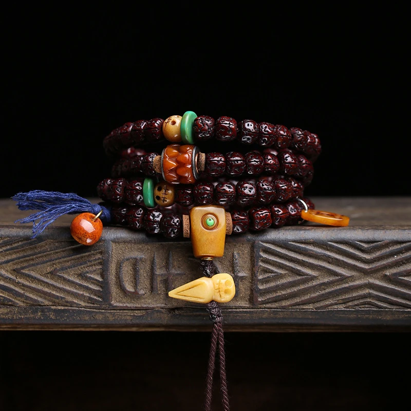 Tibetan-style aged jade-like Vajra Bodhi 108-piece Buddhist prayer beads with bone accessories
