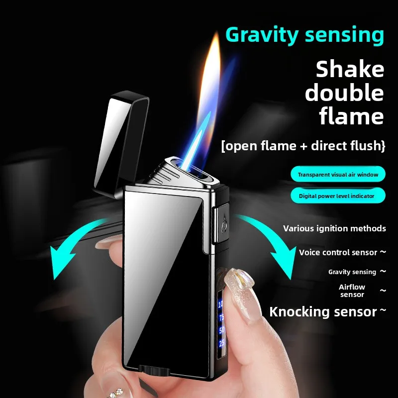 Intelligent voice control dual flame butane gas lighter open flame switch spray blue flame cigar electric lighter smoking gift