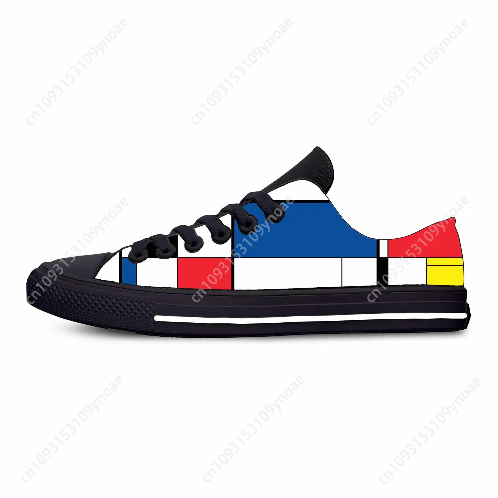 Piet Mondrian Abstrato Padrão Geométrico Pintura Casual Sapatos de Pano Baixo Top Confortável Respirável Impressão 3D Homens Mulheres Tênis