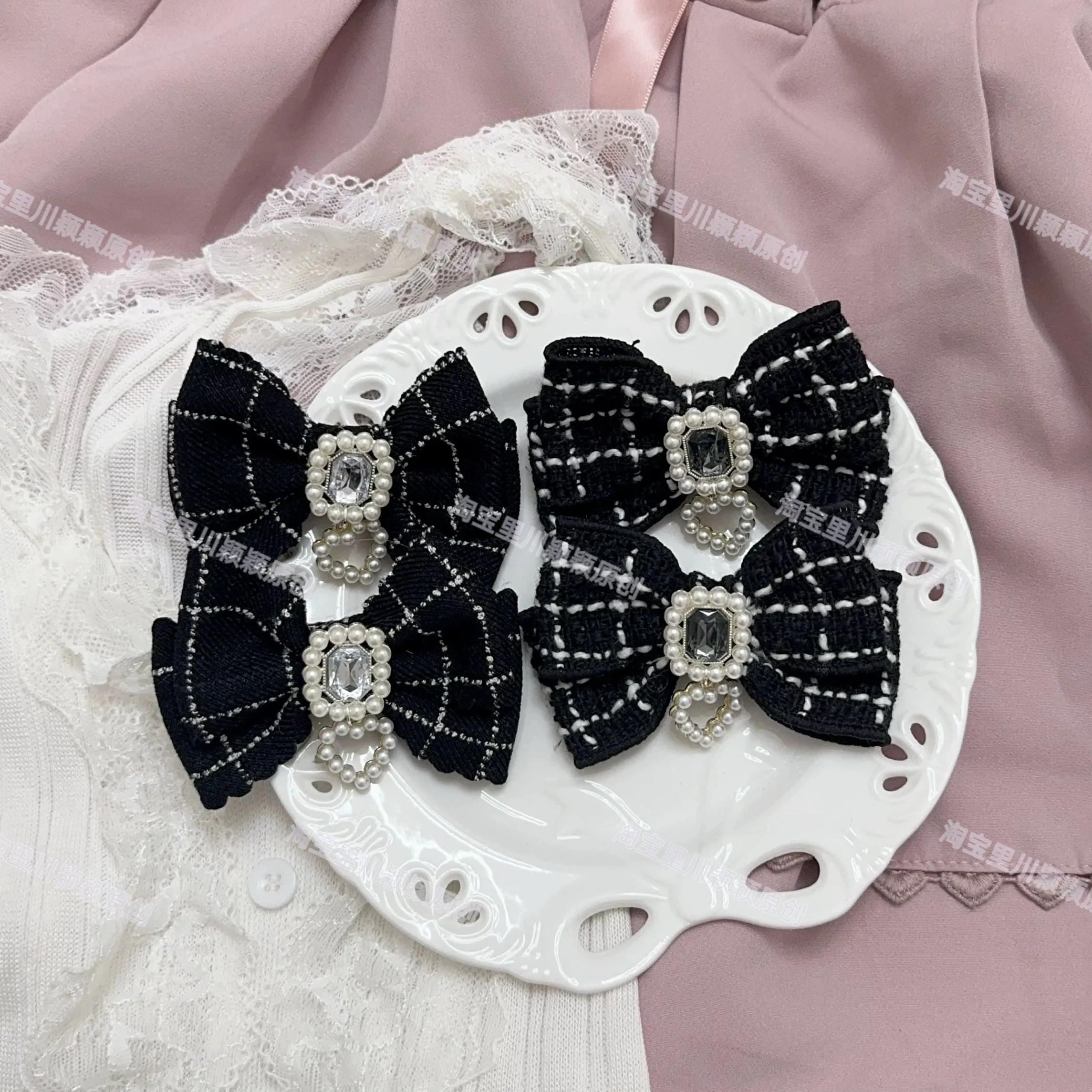 Japanese Kawaii Bow Barrettes 2pcs  Black & Pearl Rhinestone Mini Clips Elegant Hair Accessories for Party