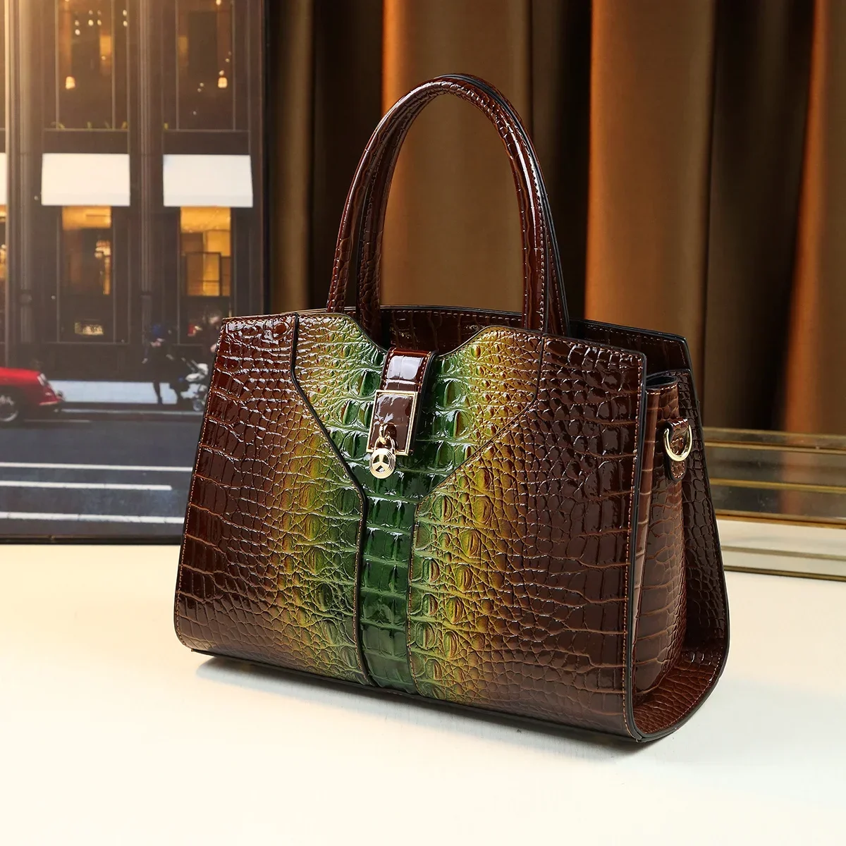 2024 New Fashion Crocodile Pattern Ladies\' Patent Leather Handbag, Shoulder Bag and Tote Bag, Suitable for Office and Daily Use