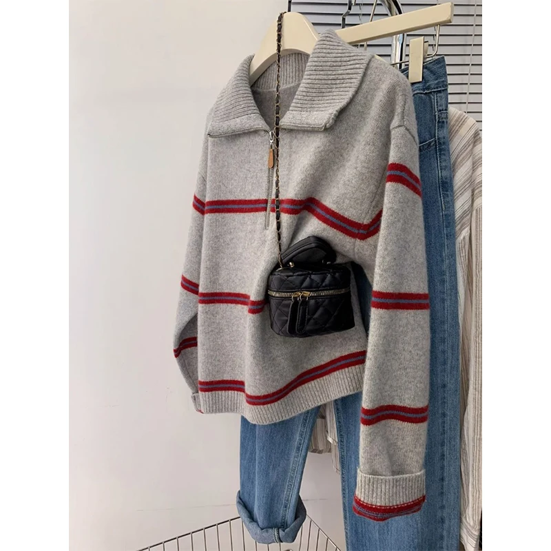 Women Autumn Winter Korean Fashion Zipper Striped Color Block Knitting Women Clothes Simplicity Loose Pullovers Long Sleeve Tops