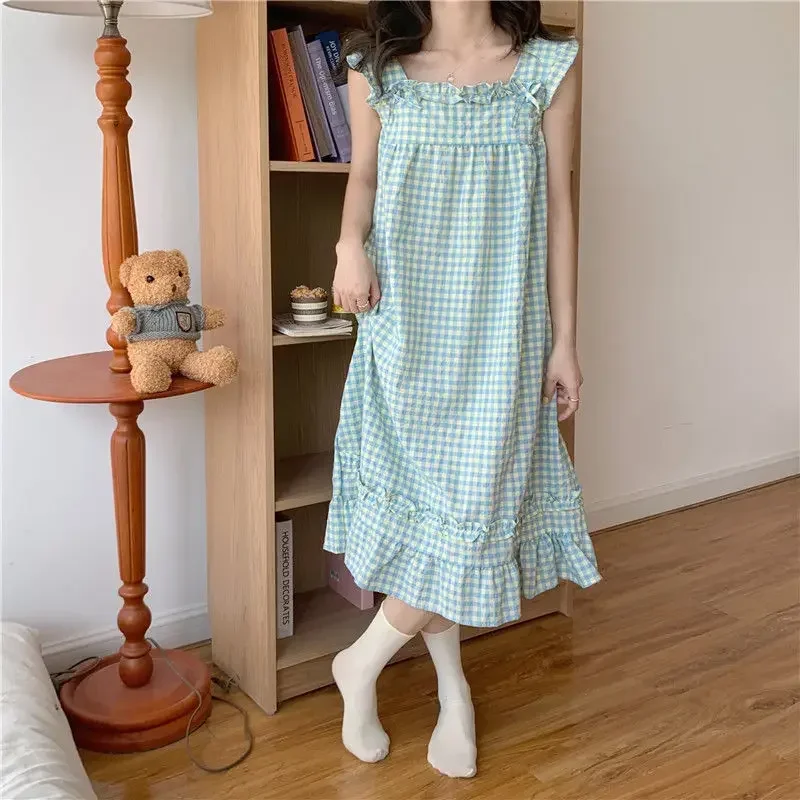 

Plaid Sleepwear Womens Korean Nightgown Ruffles Sleeveless Night Dress Summer Home Wear 2024 Square Collar One Piece Pajama New