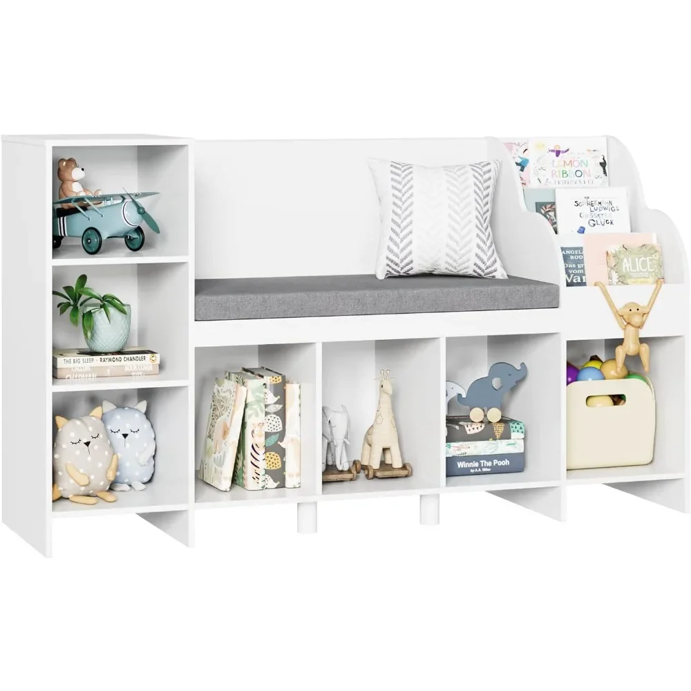 Kinderboekenplank, boekenkast met zitkussen en verstelbare plank, opbergbank met boekenrek, 15,7" D x 54,5" B x 31,5" H