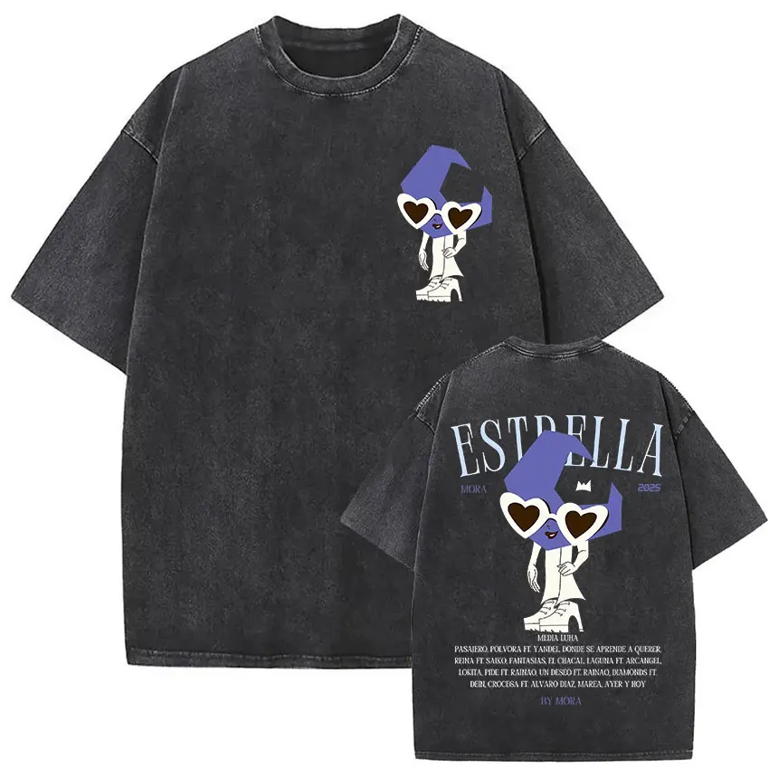 

Забавная милая футболка MORA Estrella Tour Merch, мужская и женская винтажная стираная футболка с короткими рукавами, рэп, хип-хоп, одежда с круглым вырезом, футболка