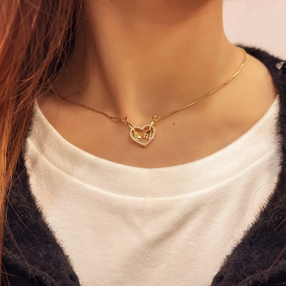 Sweet Cute Style Sparkling Zircon Tableware Small Spoon Hollow Love Heart Pendant Necklace Women Valentine's Day gift