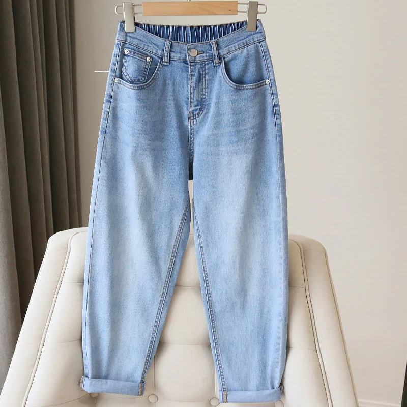 

S-5XL Women Jeans Spring Autumn Elastic Waist Light Blue Loose Denim Pants 2023 New Harem Pants Female Casual Trousers